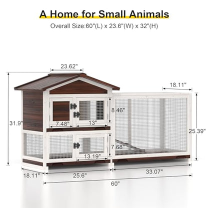 Rabbit Hutch Indoor Bunny Cage Outdoor Bunny House Wooden 60" Large Guinea Pig Cages with 3 Pull Out Trays & 4 Access Doors