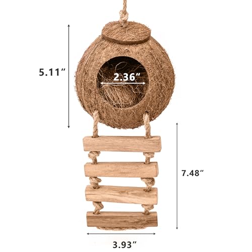 U0U Hermit Crab Coconut Husk Hut with Branch Ladder,Coconut House Hermit Crab Shells Reptile Habitat,Coconut Nest Hangable Suitable for Animal Hiding Sleep (Coconut Shell with Fiber)