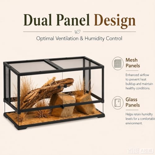 Erinnyees 50 Gallon Reptile Terrarium, Tempered Glass Reptile Enclosure with Raised Waterproof Base, Front Opening Doors, Top Screen Ventilation, Cable Outlet for Snake, Lizard, Gecko, Frog, Turtle - size: 50 Gallon