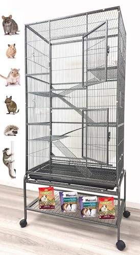 Huge X-Large Wrought Iron 4-Level Chew-Proof Tight 1/2-inch Wire Spacing Ferret Chinchilla Sugar Glider Rats Mices Rabbit Squirrel Hamster Cage with Detachable Rolling Stand - color: Black Vein, size: 32"L x 19"W x 67.5"H With 1/2" Spacing