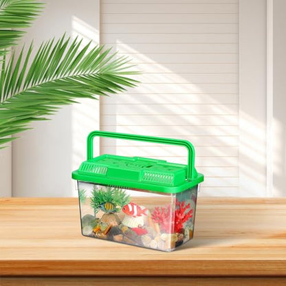 Toyvian Small Portable Fish Tank with Handle, Clear Plastic Travel Critter Carrier with Ventilated Lid for Turtles Hamsters Reptiles Small Pets