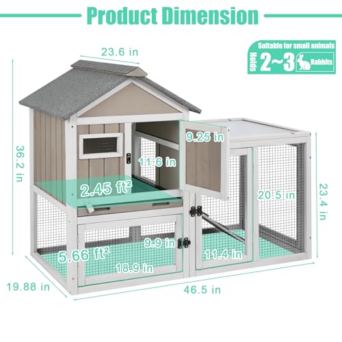 Gowoodhut 46.5" L Rabbit Hutch Indoor Outdoor Rabbit Cage with Run, Pull Out Tray, Asphalt Roof Large 2 Story Bunny Hutch Wooden Chicken Coop Guinea Pigs Pet House Cage for Small Animals,Grey - size: PET31NEW