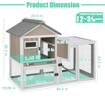 Gowoodhut 46.5" L Rabbit Hutch Indoor Outdoor Rabbit Cage with Run, Pull Out Tray, Asphalt Roof Large 2 Story Bunny Hutch Wooden Chicken Coop Guinea Pigs Pet House Cage for Small Animals,Grey - size: PET31NEW
