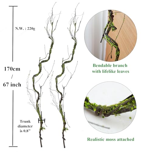 2pcs 67"Bendable Twigs Branches Moss Creepy Jungle Climb Green Leaves Vines | Artificial Reptile climbing Tree Trunk Grapevine Garland Plants Stems For Craft Garden Wall Hanging Halloween Arch Decoration