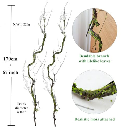 2pcs 67"Bendable Twigs Branches Moss Creepy Jungle Climb Green Leaves Vines | Artificial Reptile climbing Tree Trunk Grapevine Garland Plants Stems For Craft Garden Wall Hanging Halloween Arch Decoration