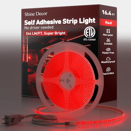 Shine Decor LED Strip Light Super Bright, Plug&Play 120V Driverless Easy Wiring, Flicker Free Weatherproof for Outdoor Indoor, Min. 3.9” Cuttable Stickable, Red 16FT ETL Listed - color: Red, size: 16.4 Ft