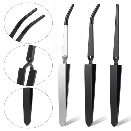 3 Pack Reverse Tweezers, ESD Safe Cross-Locking Tweezers Set | stainless steel reverse tweezers with non-slip rubber tips.Ideal for electronics repair, jewelry making, crafts, soldering