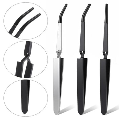 3 Pack Reverse Tweezers, ESD Safe Cross-Locking Tweezers Set | stainless steel reverse tweezers with non-slip rubber tips.Ideal for electronics repair, jewelry making, crafts, soldering