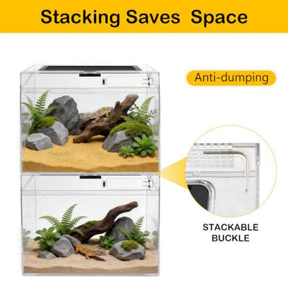 HELIME Reptile Tank 7 Piece Starter Kit with Escape Proof Locking Lid Large | All in One lizard Terrarium,Polycarbonate Leopard Gecko Enclosure Frogs Cage with Light,Hygrometer,Hide,Tweezer,Bowl,Sprayer - size: Large(15.6x8x10IN)