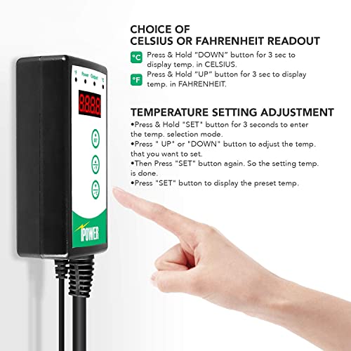 iPower Digital Thermostat Controller for Heat Mat, Seed Germination, Reptiles and Brewing Breeding Incubation Greenhouse, 40-108°F - size: 1000W-Green, style: 1 Pack