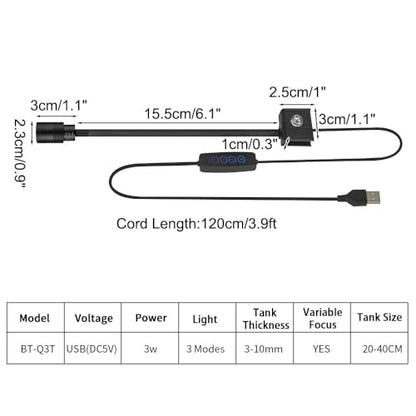 Mini Aquarium Light, 3W Clip on Aquarium Spotlight with Adjustable Focus, 3 Colors LED Fish Tank Focus Light for 0.11"-0.39" Thickness of Fish Turtle Plant Tank