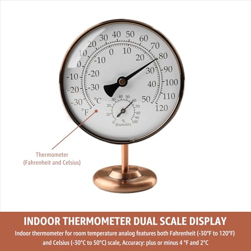 4-Inch Indoor Thermometer and Humidity Gauge, Room Analog Temperature and Humidity Monitor, Dual Scale Display, Brass Dial with Stand, Battery-Free for House, Home, Desk, Bedroom, Garage, RV