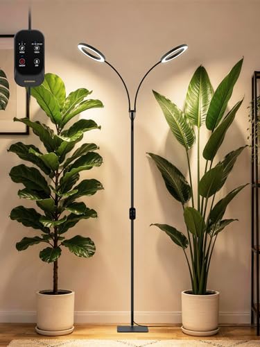 GLOWRIUM Grow Lights for Indoor Plants, Full Spectrum LED Grow Light, Stepless Dimming,3 Lighting Mode and Adjustable Height, Plant Light with 3/9/12/16H Timer (Black, Dual Heads) - color: Black, size: Dual Heads