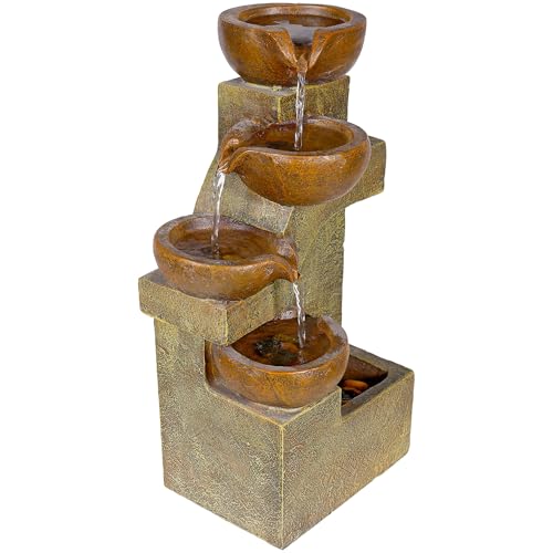 Alpine Corporation WCT726 | 16"H Indoor/Outdoor Tabletop Tiered Pouring Pots Waterfall Fountain — Natural Stone-Look Finish Adds Rustic Charm — Brown - style: 16"H - Brown 5-Tier Pouring Pots