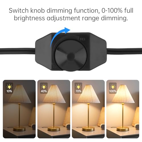RTNLIT Lamp Dimmer Switch with Cord, 1.4m/4.59 Feet Extension Power Cable for Halogen and Incandescent Bulbs lamp, Compatible with LED dimmable Lights