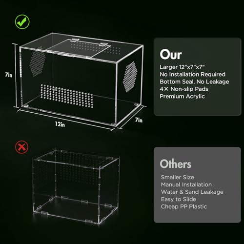 Acrylic Reptile Terrarium, Pre-Assembled Tarantula Enclosure with All-Side Ventilation & Magnetic Door, Tank for Spider, Gecko, Mantis, Frog, Snail, Isopods, 12"x7"x7" (Tweezer & Hygrometer Included) - size: Large Horizontal (12"×7"×7")
