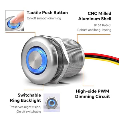 12 Volt Light Dimmer RV Boat High-Side PWM Dimming Switch, 7/8" Mounting Hole w/Blue Backlight for LED Strip Light 12V LED Halogen Incandescent, All-Aluminum Shell, Rated 6A (Sliver) - color: Sliver
