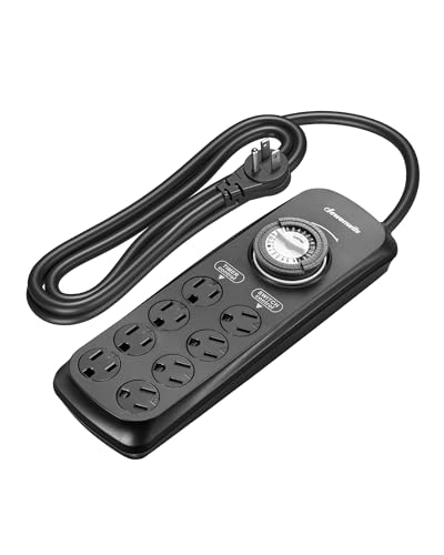 DEWENWILS Mechanical Timer Power Strip with 8 Outlets, 6FT Power Cord & Flat Plug, Overload Protection Mechanical Timer, Outlet Timer Indoor for Tanks, Aquarium, Grow Lights, Reptile Light, UL Listed - color: Black