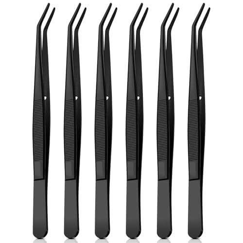 Honoson 6 Pcs Stainless Steel Tweezers for Crafting with Curved Serrated Tip Multipurpose Forceps Sewing Machine Tweezers Bulk (Black) - color: Black