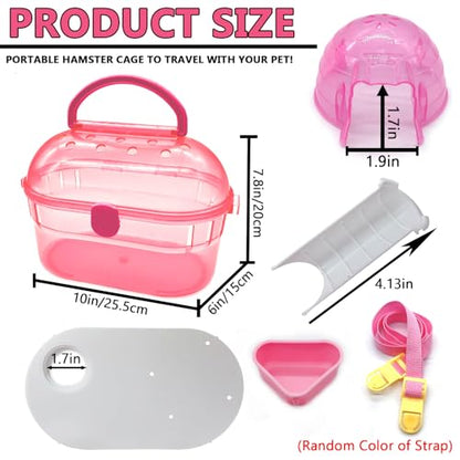 kathson Portable Hamster Cage Dwarf Hamster Carry Case Syrian Hamster Carry Travel Cage with House Food Bowl Adjustable Strap Pet Outgoing Cages Carrier for Small Hamster Young Guinea Pig Pink - color: Pink | Hamster Carriers
