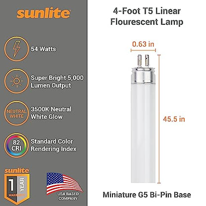 Sunlite 30435 F54T5/835/HO 4 Foot T5 Linear Fluorescent Lamp, 54 Watts, 5000 Lumens, 3500K Neutral White, Miniature G5 Bi-Pin Base, ROHS Compliant, High Performance Straight Tube, 40 Pack - color: 3500k, style: 54 watts (45.80-Inch)