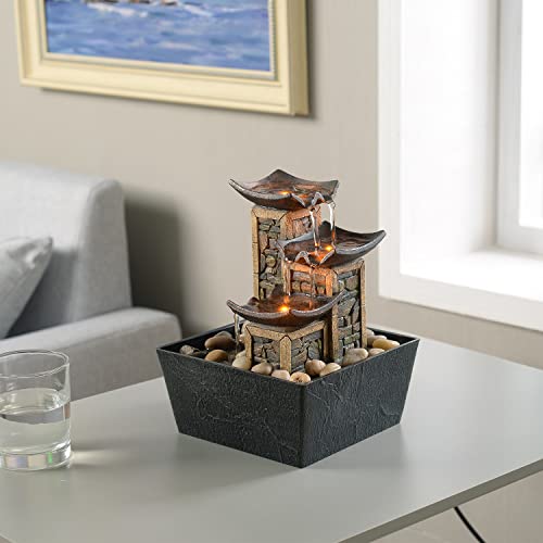 GOSSI Indoor 3-Tier Tabletop Water Fountain with Soothing Sound, Simulation Stone Pillar Design, Natural River Rocks, Reflective Lighting for Meditation and Relaxation - color: Yellow