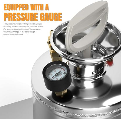 1 Gallon Hand Pump Sprayer, 304 Stainless Steel Garden Chemical Sprayer with Pressure Gauge, Adjustable Nozzle, 13" Sprayer Wand, 3.3ft Hose & Safety Valve