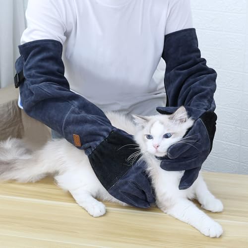 Small Animal Care Gloves - 23.6 inch Leather Reinforced Gloves, Adjustable Straps Suitable for Grabbing Cat Reptile Puppy Bird Poultry or Gardening Welding (Grasping Small Animals)