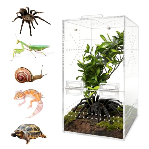 Jumping Spider Enclosure, 6"×6"×11.8" Escape Proof Transparent Acrylic Enclosure, Magnetic Door Acrylic Tarantula Terrarium with Feeding Port, Praying Mantis Terrariums, Arboreal Tarantula Cribs