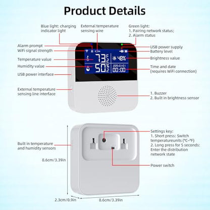 eMylo WiFi Thermometer Hygrometer with Waterproof Probe, Smart Indoor Temperature Humidity Monitor with Brightness Sensor, LED Backlit Screen, APP Control, Buzzer Alarm&App Alert,Compatible with Alexa