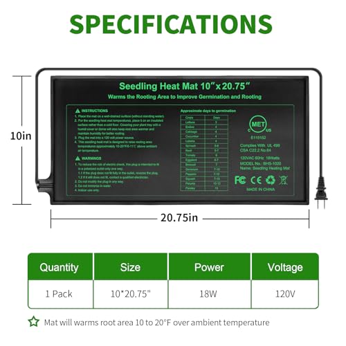 Durable Seedling Heat Mat 10x20.75 inches 8 Pack, Upgraded MET Certified Heat Mat for Plants Seed Germination,Hydroponic, Waterproof Greenhouse Heater, Seed Starter - size: 10"x20.75" 8pack