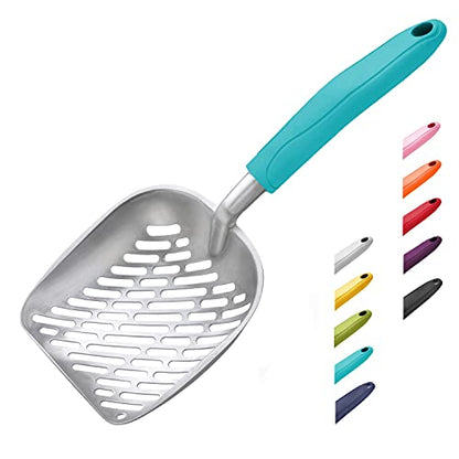 WePet Cat Litter Scoop, Aluminum Alloy Sifter, Kitty Metal Scooper, Deep Shovel with Diagonal Sifting Hole, Long Handle, Kitten Poop Lifter for Litter Box, Large Size, Turkish Blue Handle - color: #02 Turkish Blue, size: Large