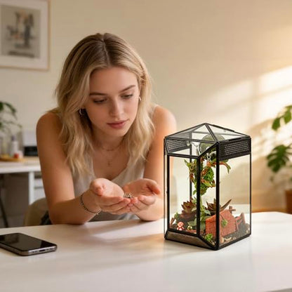 Glass Jumping Spider Enclosure Kit,Escape Proof Gothic Spider Tank | Fence Kits Terrarium Desktop Display Habitat for Jumping Spiders,Arboreal Tarantulas,Critter Keeper(No Plants)
