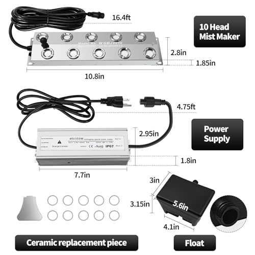 Mist Maker 10 Head, Ultrasonic Fogger7000ml/H for Pond Mist & Halloween - 350W IP67 Waterproof, Stainless Steel w/ 5M Cord & Full Kits (Landscape Effects, Vegetable Freshness)