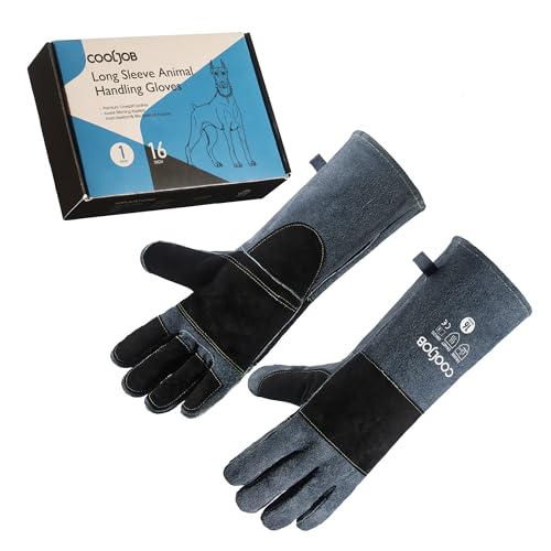 COOLJOB Bite Proof Animal Handling Gloves, Cowhide Leather with Kevlar Stitching for Cat Grooming, Dog Training, 16/22” - color: Blue, 16"