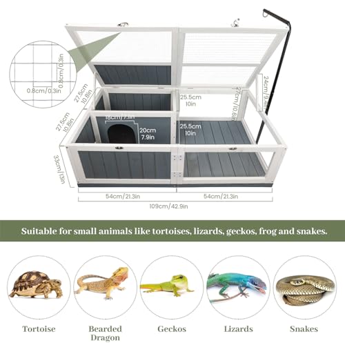 Large Tortoise Habitat, Indoor & Outdoor Wooden Tortoise House with Adjustable Lamp Stand and Water-Resistant Tray, Reptile Cage Tortoises Enclosure for Small Animals, 43" L x 24" W x 13" H