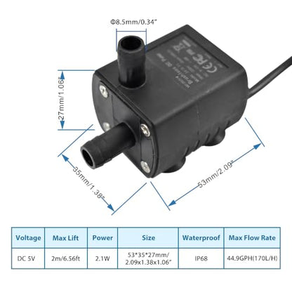 CONQUERALL 2PCS Submersible DC 5V 2W USB Aquarium Pump, 170L/H 2m Lift for Pet Fountain and DIY Cooling - color: Usb 5v 2w 170l/H 2m Head (Black), size: 2PCS