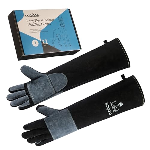 COOLJOB Bite Proof Animal Handling Gloves, Cowhide Leather with Kevlar Stitching for Cat Grooming, Dog Training, 16/22” - color: Blue-black, 22"