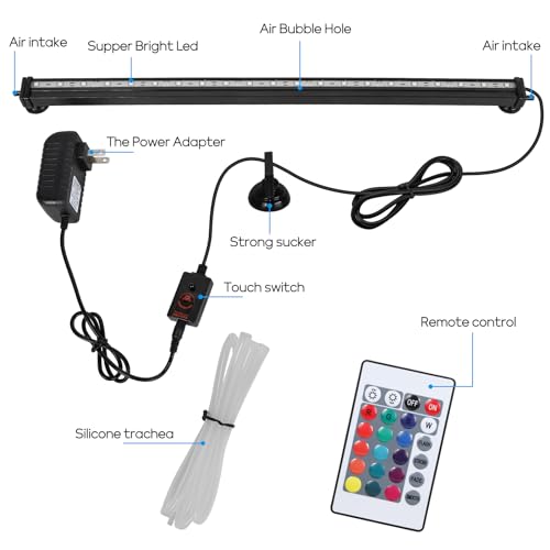 Submersible Aquarium Light, Fish Tank Light with Air Bubble Hole, RGB Color Changing Brightness Adjustable IP68 Waterproof Remote Control LED Light for Aquarium Fish Tank 20 inch - size: 20 inch Air Bubble Hole