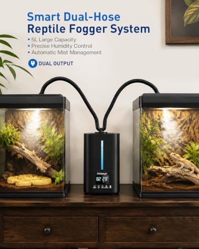 1.32 Gal / 5L Reptile Fogger Humidifier, with Remote & Timer, with Precise Humidity Control, Terrarium Humidifier Suitable for indoor Plants, Grow Tent, Greenhouse, Reptiles & Amphibians (Dual Hose)