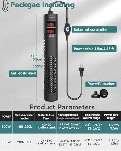 AHJ Aquarium Heater for 75 100 120 Gallon, 500W Submersible Fish Tank Water Heater with Accurate Temperature Control, Over-Temp Protect, Auto Shut-Off, Quick Heat up for Saltwater & Freshwater - size: 500W(75-100-120 Gallon)