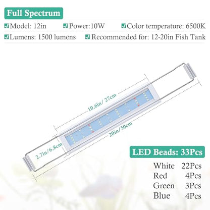 HITOP Full Spectrum LED Aquarium Light – 12” 16” 24” 32” Classic Fish Tank Light with RGB LEDs, with Timer and Stable Extendable Brackets (12-20in) - size: 12-20in