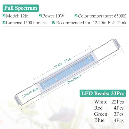HITOP Full Spectrum LED Aquarium Light – 12” 16” 24” 32” Classic Fish Tank Light with RGB LEDs, with Timer and Stable Extendable Brackets (12-20in) - size: 12-20in