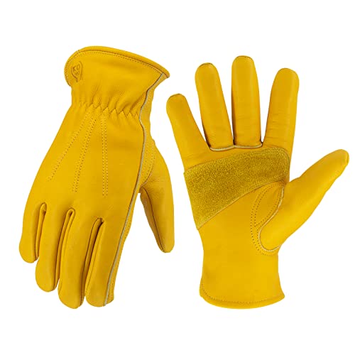 Leather Work Gloves for Men & Women, Reinforced Durable Gardening Gloves,Cowhide Work Gloves,Puncture & Cut Resistant - color: Golden, size: XX-Small