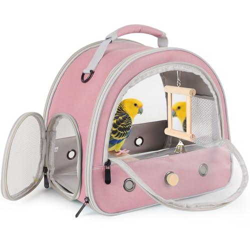 Parrot Travel Cage with Bird Cage Bells Mirror Set,Portable Small Bird Parakeet Bag with Standing Perch and Comfy Mat Bird Carry Transport Bag with Clear Window Vet Visit Shopping - color: Pink, size: Carrier/mirror