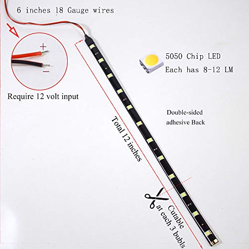 DC 12V Waterproof 1Ft 12 LED Strip Underbody Light with 6 inches Wires for Motor (White,Pack of 6) - color: White