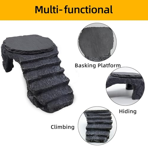 Reptile Basking Platform, Turtle Basking Platform Leopard Gecko Tank Accessories Reptile Hide with Rock Plate for Lizard, Crested Gecko (Medium-Grey) - style: style 1