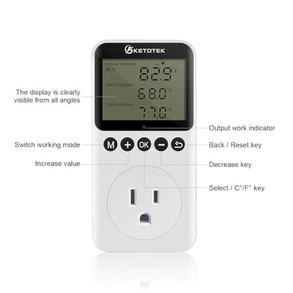 KETOTEK KT3200PRO Digital Temperature Controller Outlet Day Night Thermostat Plug Socket Heating Cooling Temp Controller with Sensor Timer Regulator for Reptile Greenhouse Brewing Refrigerator