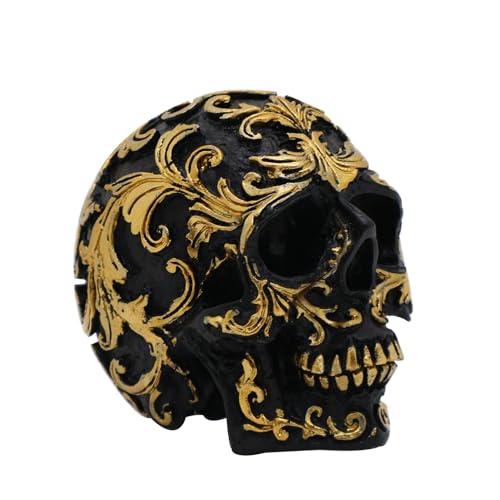 Gothic Skull Heads Home Decor - 3.62 Inch Desk Skeleton Skull Head Statue Fake Resin Skull Figurine Decor for Halloween Decorations, Party Gold Skull Head Designs