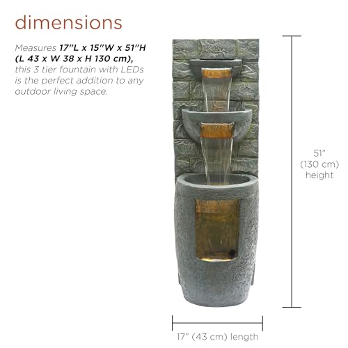 Alpine Corporation TZL384 Outdoor 3 Tier Water Fountain with LED Lights for Garden, Patio, Lawn and Yard Spaces, 51" H, Gray - style: 51"H 3-Tier w/ LEDs